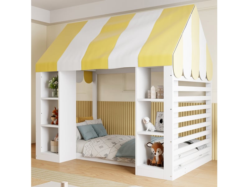 Lit enfant mezzanine avec baldaquin et rangements ouverts, 90 x 200 cm, blanc - Conforama B