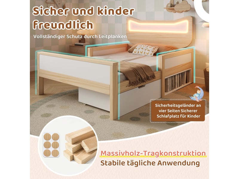  Lit avec tiroirs 90x200, rangement intégré lit une personne, tiroirs flexibles, led rgb, tête lit oreilles chat, barrière sécurité  - Conforama E