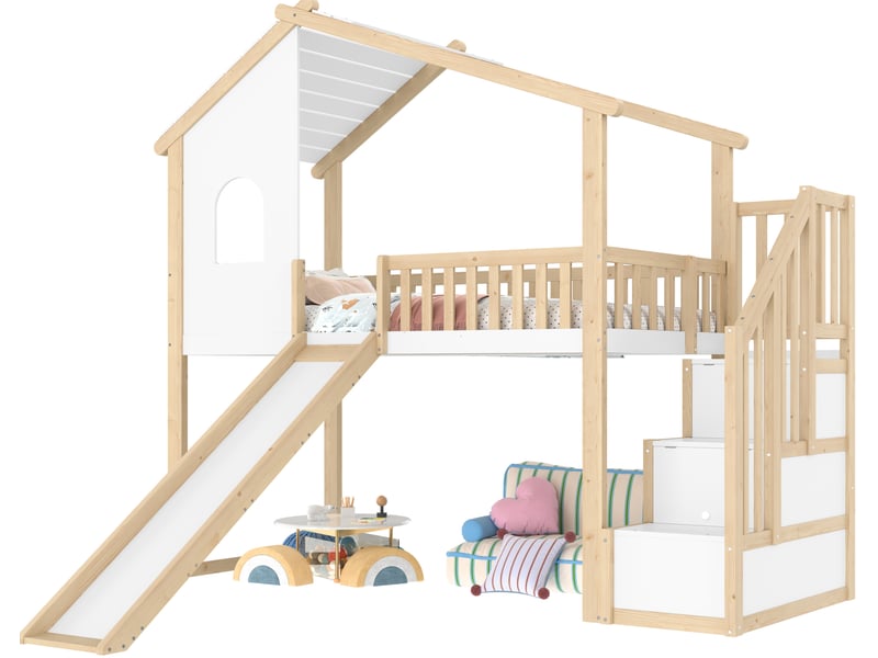  Modenvie lit mezzanine 90x200 cm - avec toboggan, échelle avec rangement, sans matelas - naturel et blanc  - Conforama A