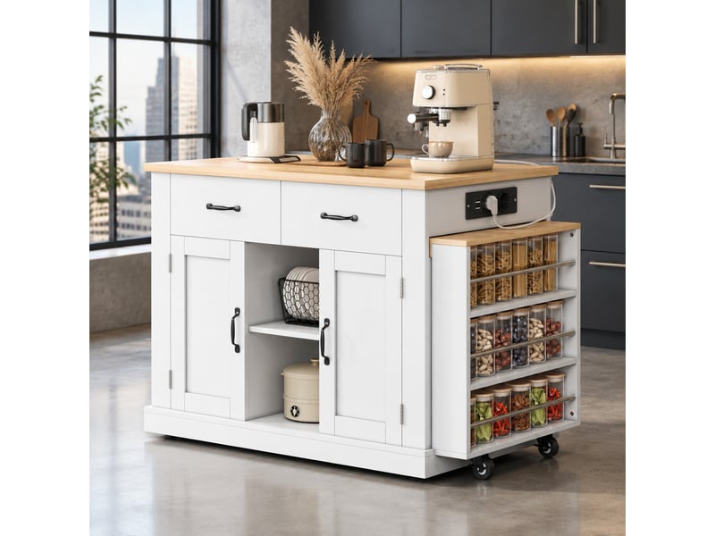  Îlot de cuisine mobile 132x60x93 cm blanc et coloris chêne avec table extensible  - Conforama B