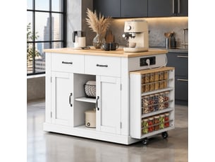 Îlot de cuisine mobile 132x60x93 cm blanc et coloris chêne avec table extensible