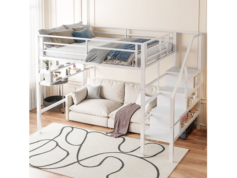  Modenvie lit mezzanine 140x200 cm - avec etageres, escalier de rangement, sans matelas - blanc  - Conforama B