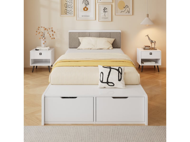  Lit enfant 90x200cm, banc de bout de lit avec 2 tiroirs, tête de lit rembourrée, sommier à lattes, panneaux de bois et tissu, blanc OMNIGLINT TRADING LTD - Conforama C