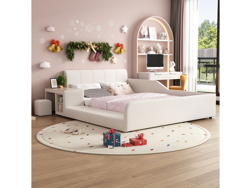  Lit enfant 140x200 cm avec bureau, tabouret et rangements, blanc, sans matelas  - Conforama R