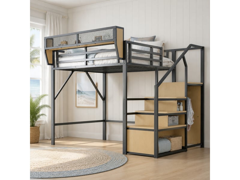  Lit mezzanine 140x200 cm avec échelle sécurisée et rangement modulable noir  - Conforama D