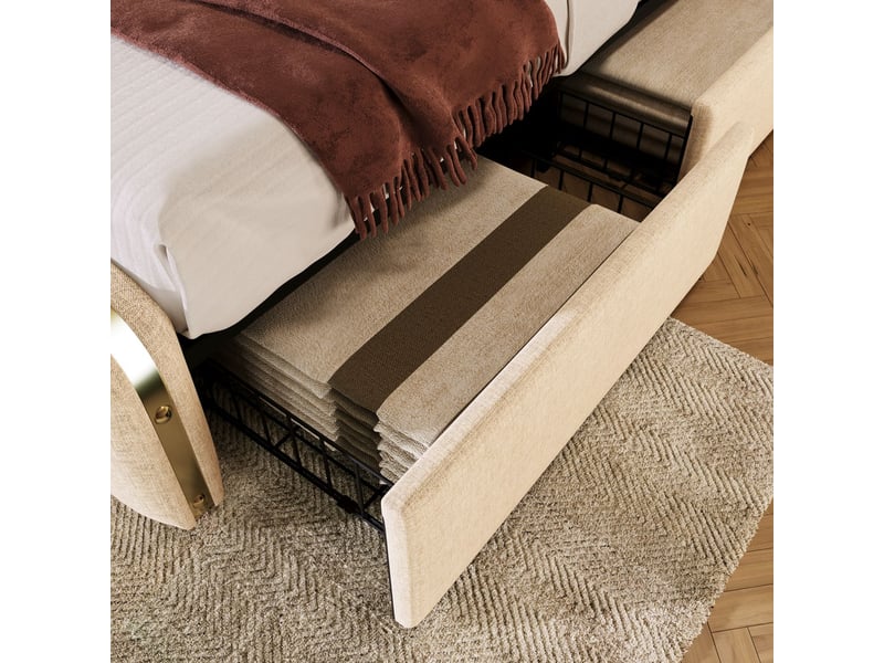  Lit avec tiroirs 180x200, 4 tiroirs lit double, tête de lit rembourrée, revêtement lin beige, ports usb type-c, matelas inclus  - Conforama D