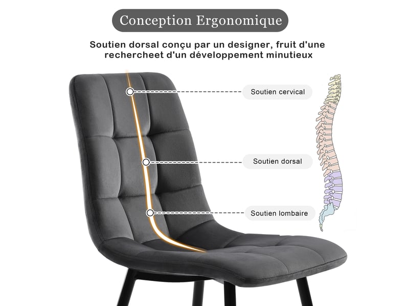  Lot de 4 chaise de salle à manger , chaise scandinave avec assise et dossier rembourrés en velours ,pieds en métal ,gris  - Conforama R
