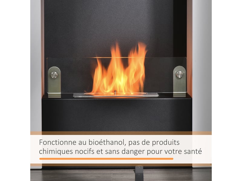 Cheminée bioéthanol brûleur 0,9 l avec plateau de rangement en verre trempé 60 x 20 x 79 cm acier noir et blanc  - Conforama D