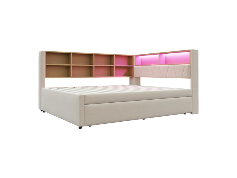 Canapé-lit 140x200 cm beige en flanelle, tiroir-lit, led et rangements intégrés - Conforama A