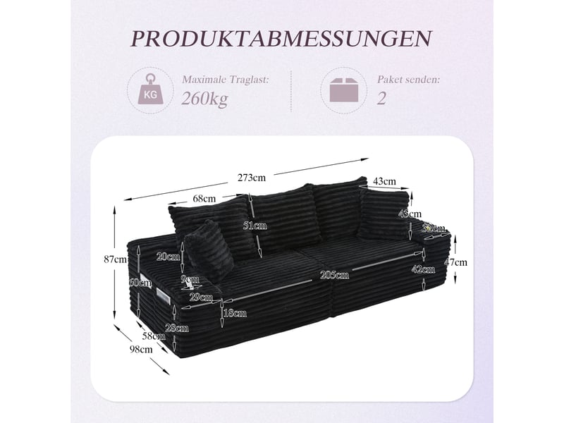 Canapé droit fixe 4 places tissu noir canapé compressible - Conforama C