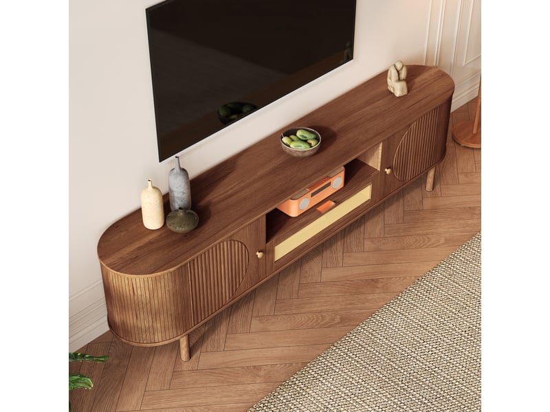  Meuble tv avec 2 portes, tiroirs et niche ouverte pour salon en mdf 175×36×51 cm noyer  - Conforama C