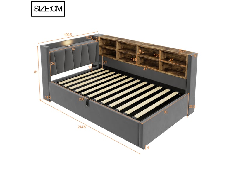  Lit coffre modenvie 90 x 200 cm en velours gris foncé avec éclairage, usb et type-c  - Conforama C