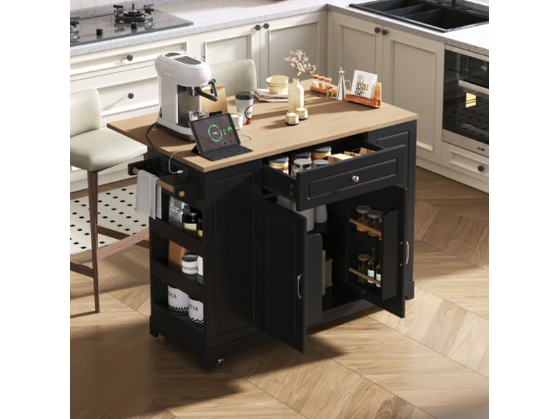  Îlot de cuisine mobile à roulettes – espace repas extensible, tiroirs multifonctions, poubelle noire, design moderne  - Conforama E
