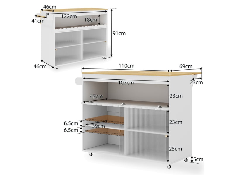 Îlot de cuisine mobile 122 × 46(69) × 91 cm blanc et naturel, mdf, plateau rabattable chêne, portes coulissantes en verre - Conforama B