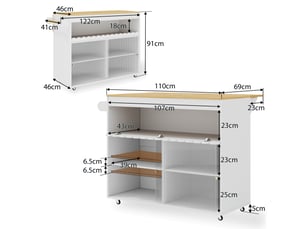 Îlot de cuisine mobile 122 × 46(69) × 91 cm blanc et naturel, mdf, plateau rabattable chêne, portes coulissantes en verre