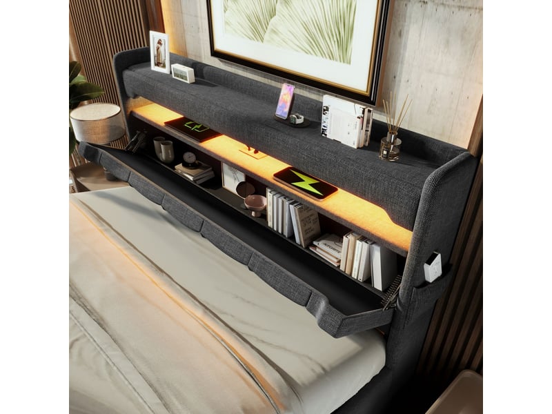  Lit coffre 180x200 cm led 360° et prises usbtype-c - lit rembourré - tête de lit rangement, lin gris  - Conforama D
