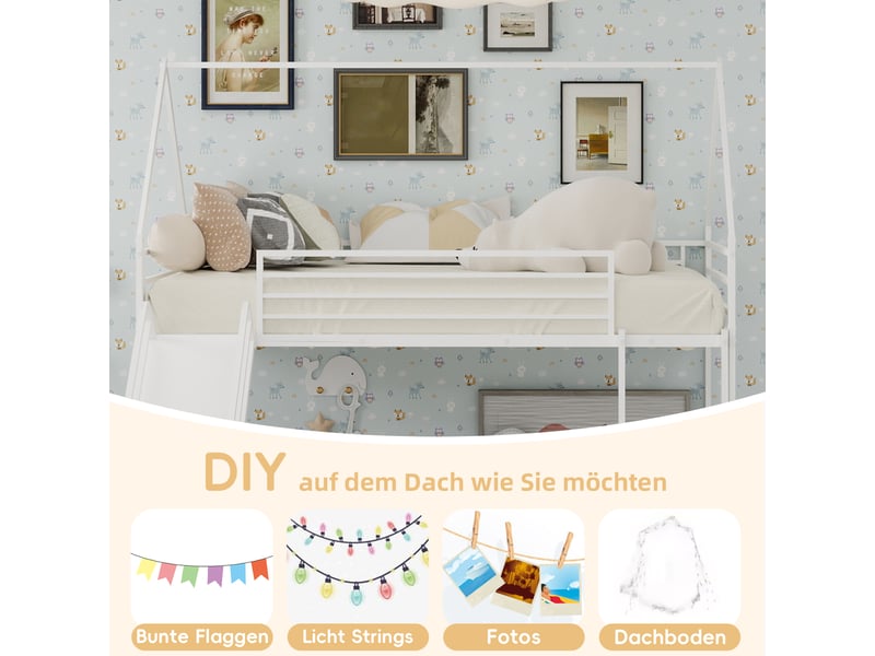 Lit superposé 90x190 cm forme maison avec toboggan, métal, blanc, sans matelas - Conforama R