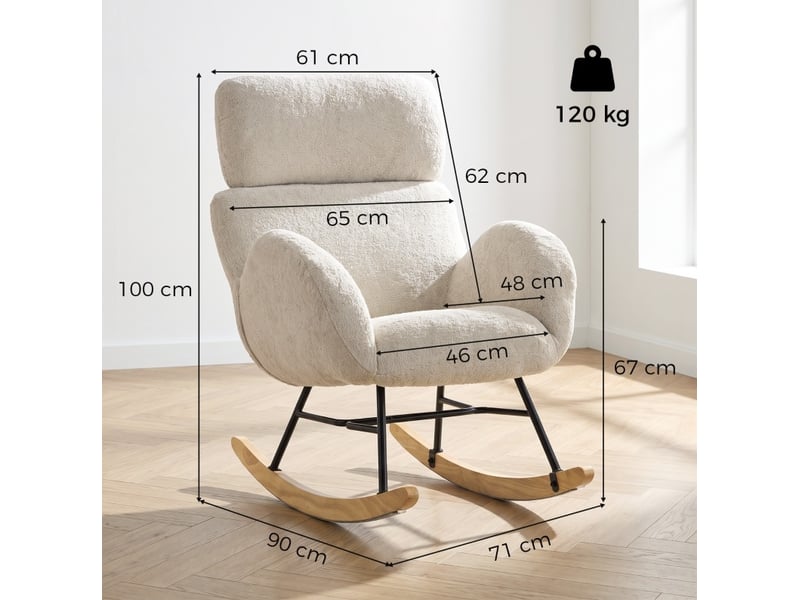  Fauteuil à bascule avec appuie-tête réglable 90x71x100 cm en velours blanc crème  - Conforama C