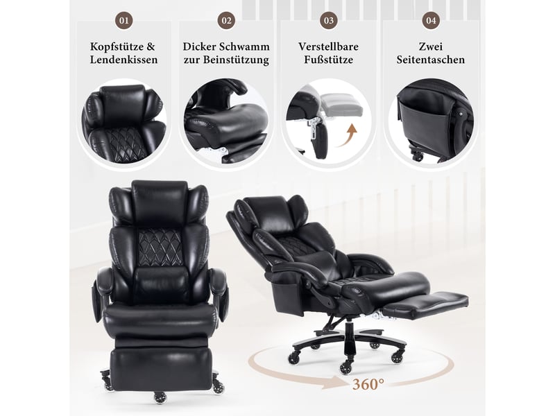  Fauteuil de bureau massant inclinable avec repose-pieds, dossier réglable et poches latérales en pu noir  - Conforama E