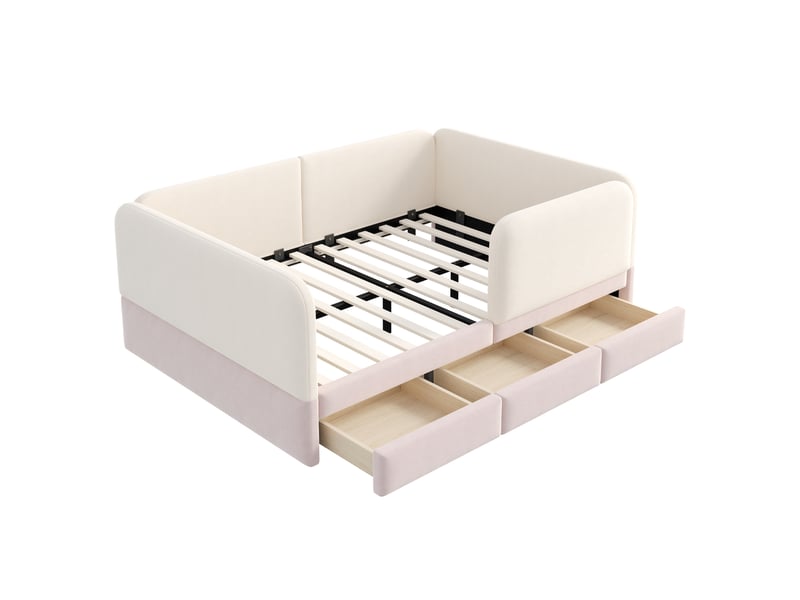 Lit enfant 140×200 cm avec garde-corps complet, tiroirs de rangement et coins arrondis, rose - Conforama D