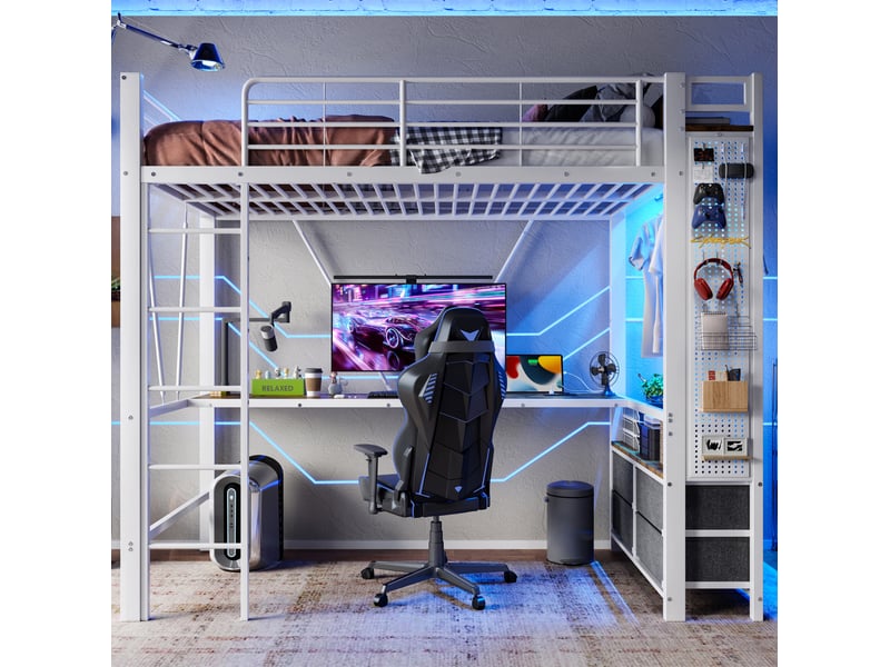 Lit mezzanine 90 x 200 cm bureau intégré penderie 4 tiroirs panneau perforé led ports usb-c métal blanc sans matelas  - Conforama W
