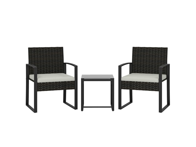 Ensemble table et chaise de jardin avec 2 fauteuils, 1 table basse et coussins, résine tressée et acier, crème gris - Conforama A