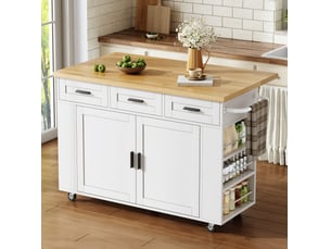 Îlot de cuisine mobile en mdf naturel et blanc, plateau relevable, 5 tiroirs, roulettes et prises