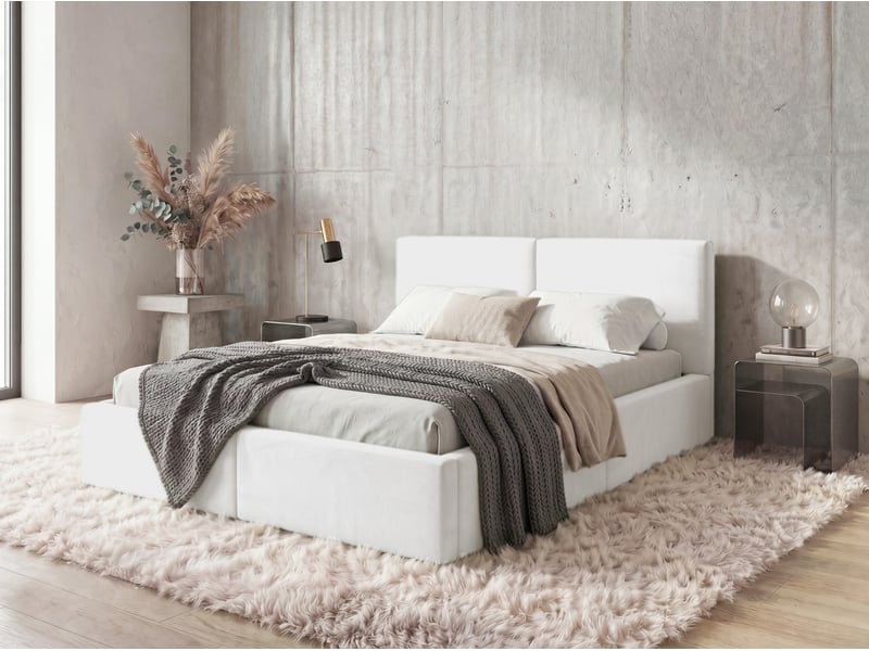  Lit coffre rembourré 140x200 2 places avec sommier relevable gratuit inclus et tête de lit - lit adulte avec rangement – blanc Hilton Interbeds - Conforama C