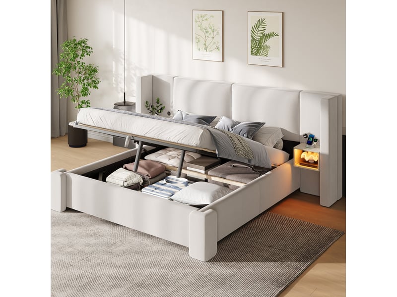  Lit coffre 180x200 cm en lin avec sommier à lattes, led et rangement beige chicfurn  - Conforama B
