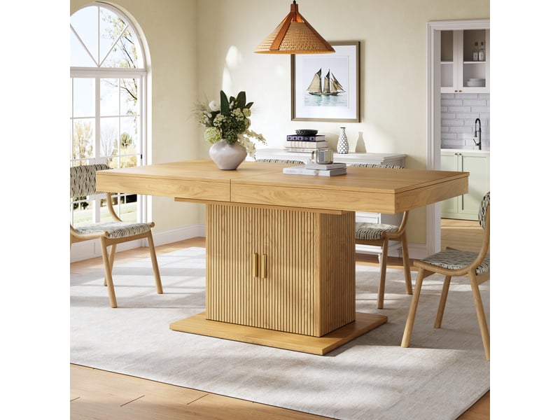  Table à manger extensible 140 à 180 cm, rangement intégré, portes rainurées et étagères amovibles pour salle à manger, chêne clair et noyer evarich - Conforama E