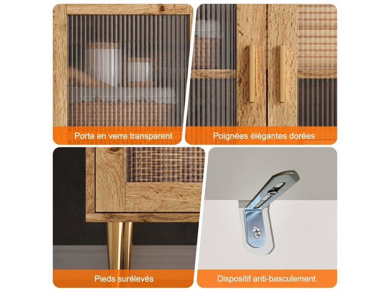  Meuble de cuisine avec casiers à bouteilles de vin, éclairage led et prises, 130 × 40 × 172 cm muvano  - Conforama C