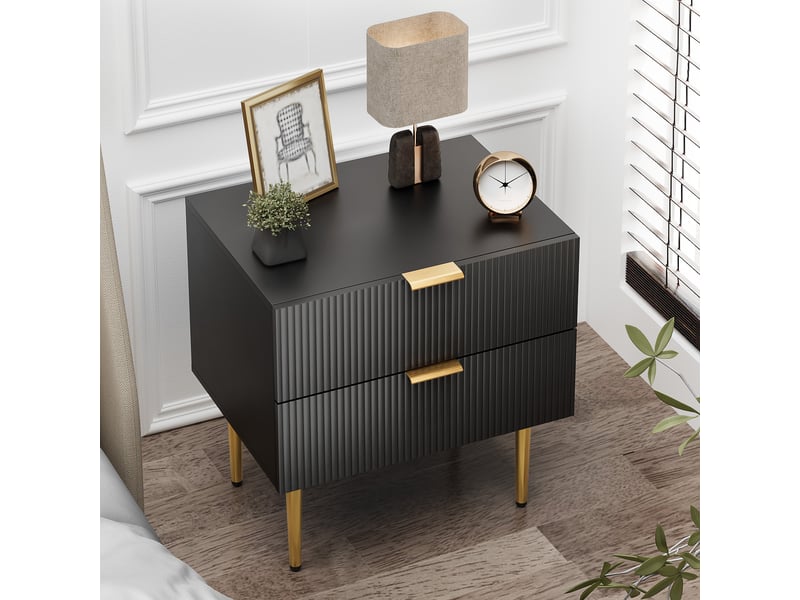  Table de chevet avec 2 tiroirs, poignées et pieds métal pour chambre en mdf noir  - Conforama C