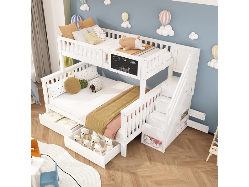  Lit superposé enfant double multifonction avec tableau et tiroirs bois massif blanc 90x200 et 140x200  - Conforama E