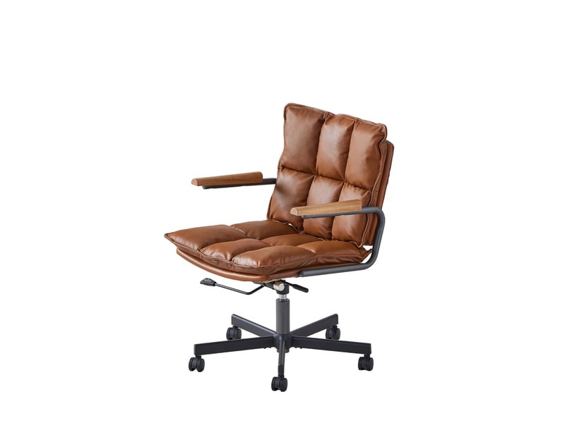  Fauteuil de bureau ergonomique en cuir marron avec accoudoirs en chêne, pivotant et réglable  - Conforama A
