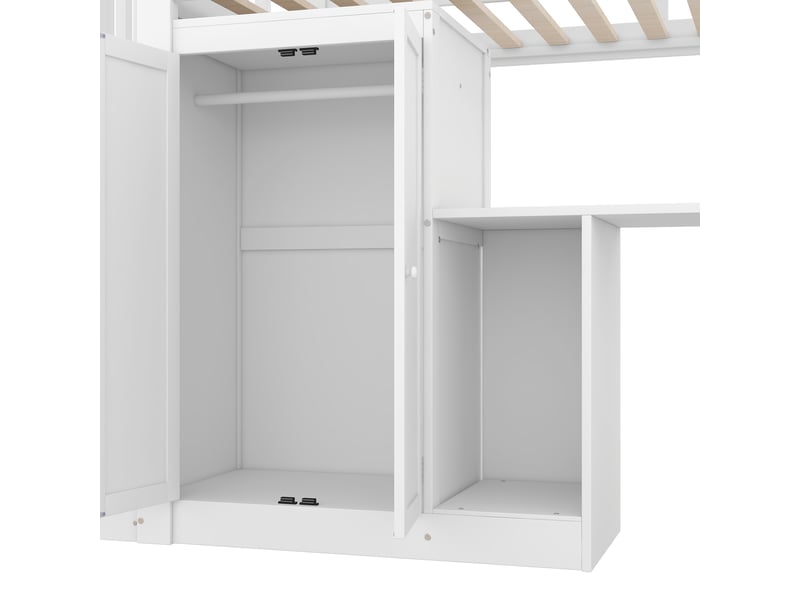  Lit mezzanine 90 x 200 cm blanc avec armoire, bureau, escalier de rangement et 3 tiroirs, sommier à lattes  - Conforama R