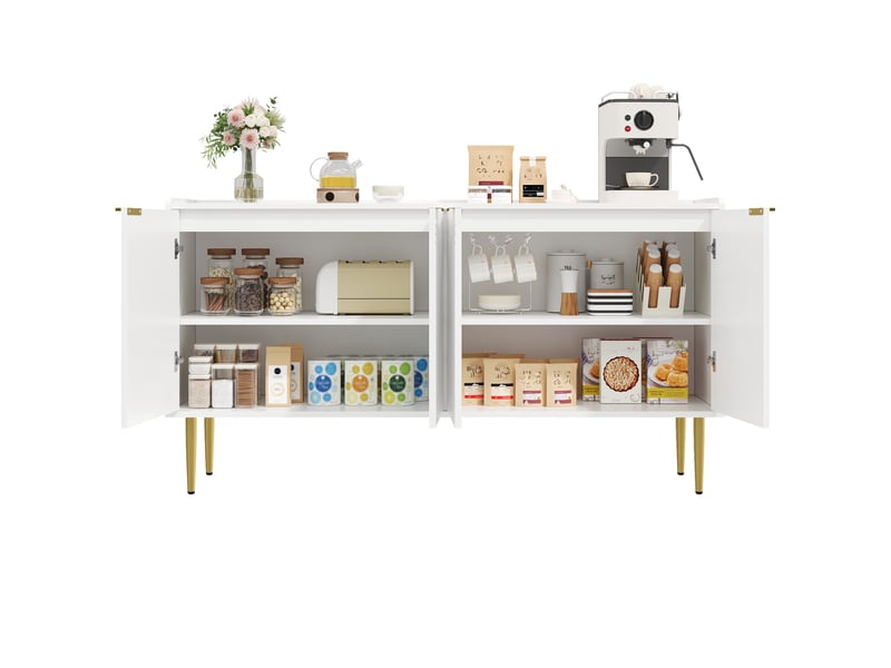  Buffet 140x38x75 cm, design moderne, portes, pieds métal doré, mdf blanc avec étagères réglables, rangement, élégant  - Conforama A
