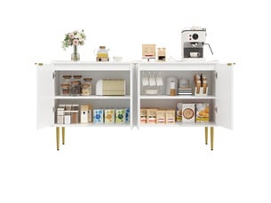 Buffet 140x38x75 cm, design moderne, portes, pieds métal doré, mdf blanc avec étagères réglables, rangement, élégant