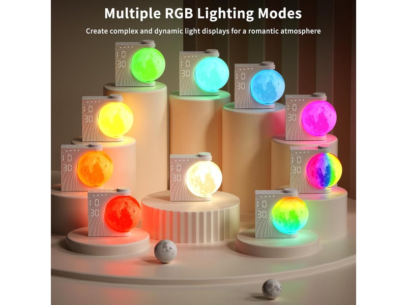 Lampe de lune avec réveil lumineux, 2 réveils, lumière lunaire rgb 8 couleurs, 10 sons naturels, veilleuse 3 niveaux de luminosité lampe de chevet - Conforama C