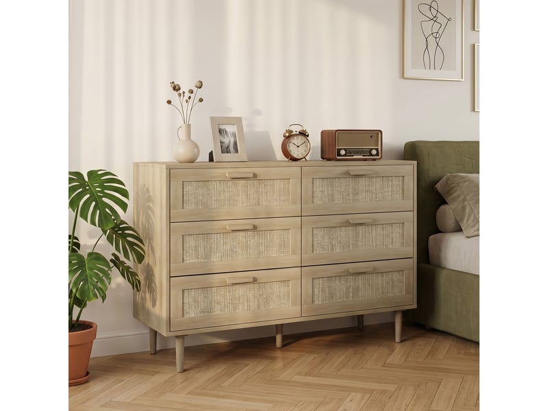  Commode 6 tiroirs meuble de rangement avec tissage en rotin dim. 110l x 40l x 75h cm aspect clair bois  - Conforama D