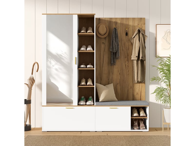 Meuble d'entrée 160x38x180cm avec banc rembourré, meuble à chaussures à abattants, miroir, tringle extensible et 4 patères, blanc et naturel - Conforama E