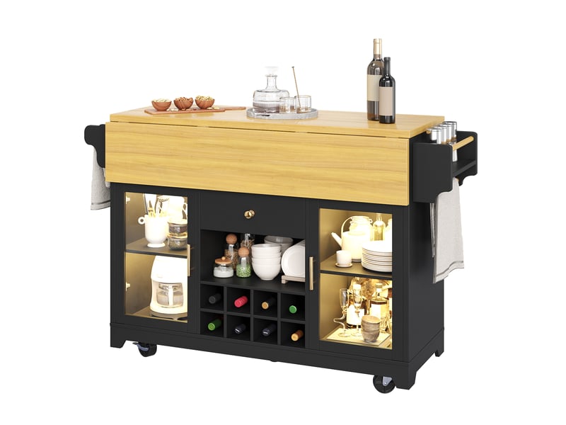 Desserte de cuisine noire à led rgb, plateau double rabattable, rangement, casier à vin et roulettes - Conforama A
