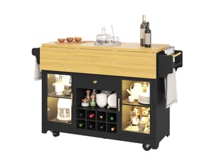 Desserte de cuisine noire à led rgb, plateau double rabattable, rangement, casier à vin et roulettes