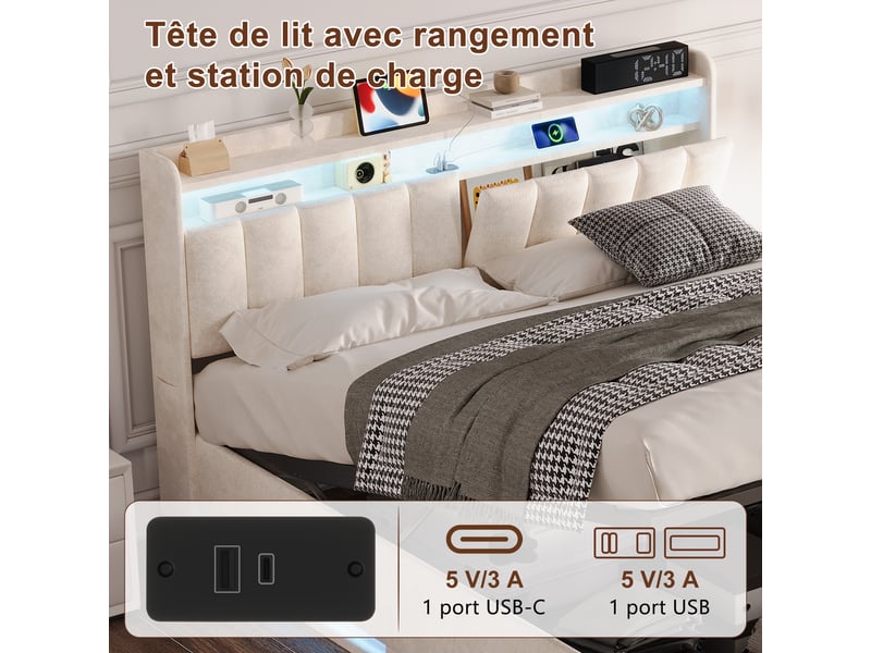  Lit double 140 x 200, lit coffre 140 x 200, éclairage led, port usb et type-c, table de chevet avec rangement, tissu de velours, beige  - Conforama R