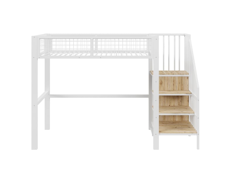  Lit mezzanine avec échelle, métal blanc, 90 x 200 cm, étagères de rangement et armoire  - Conforama A