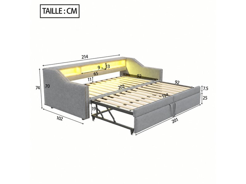  Canapé convertible extensible avec sommier à lattes, rangements, éclairage et prise usb, tissu gris clair  - Conforama D