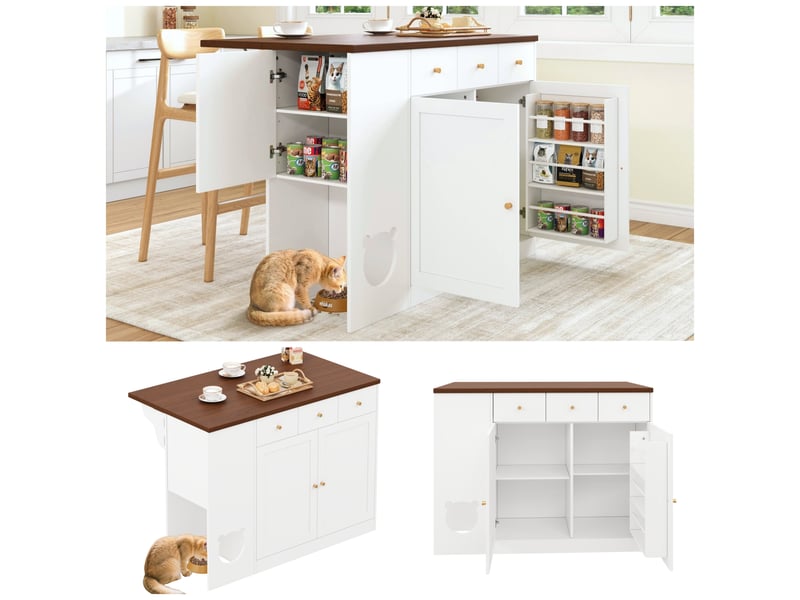  Îlot de cuisine avec plateau extensible et espace, meuble de rangement avec tiroirs et étagères, blanc et noyer, 120cm  - Conforama D