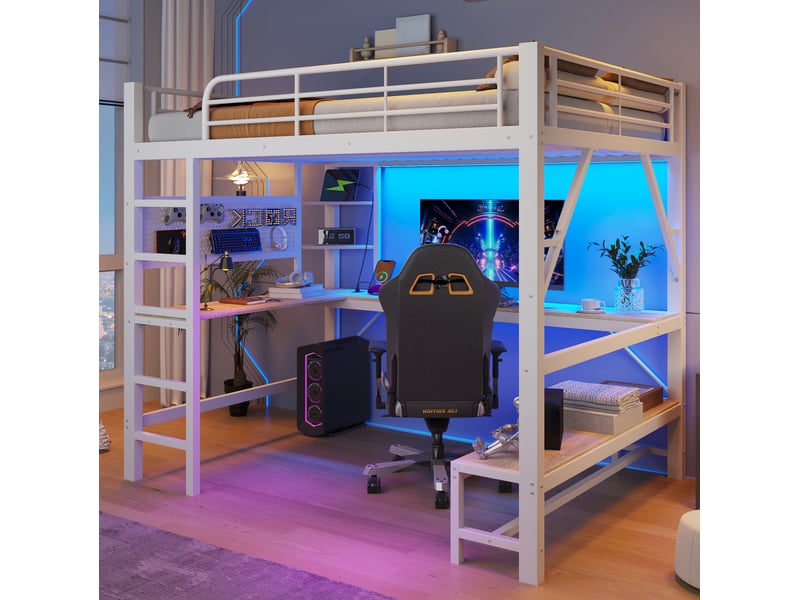  Lit mezzanine 160 × 200 cm avec bureau, étagères, panneau perforé, échelle, éclairage led et prises usb, blanc  - Conforama D