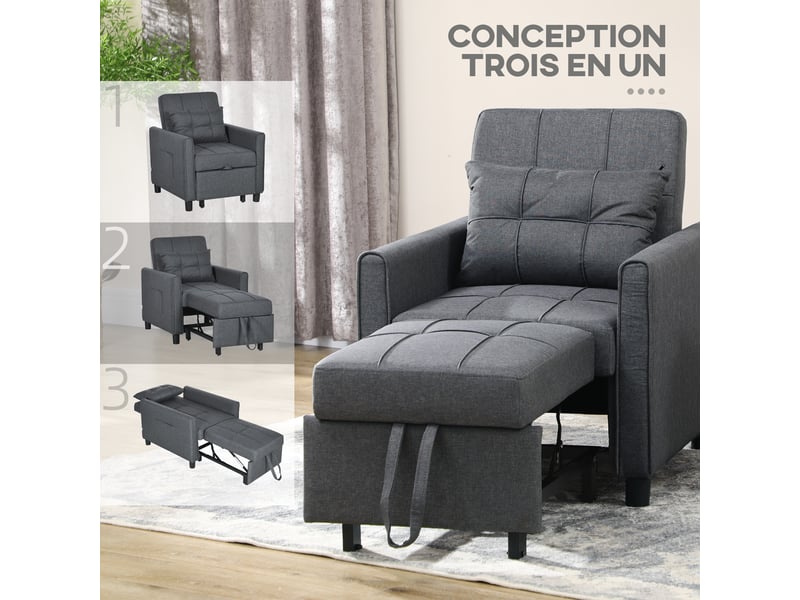 Fauteuil convertible 1 place 3 en 1 dossier réglable en 3 positions oreiller inclus 2 poches latérales gris 69x82x85cm - Conforama R