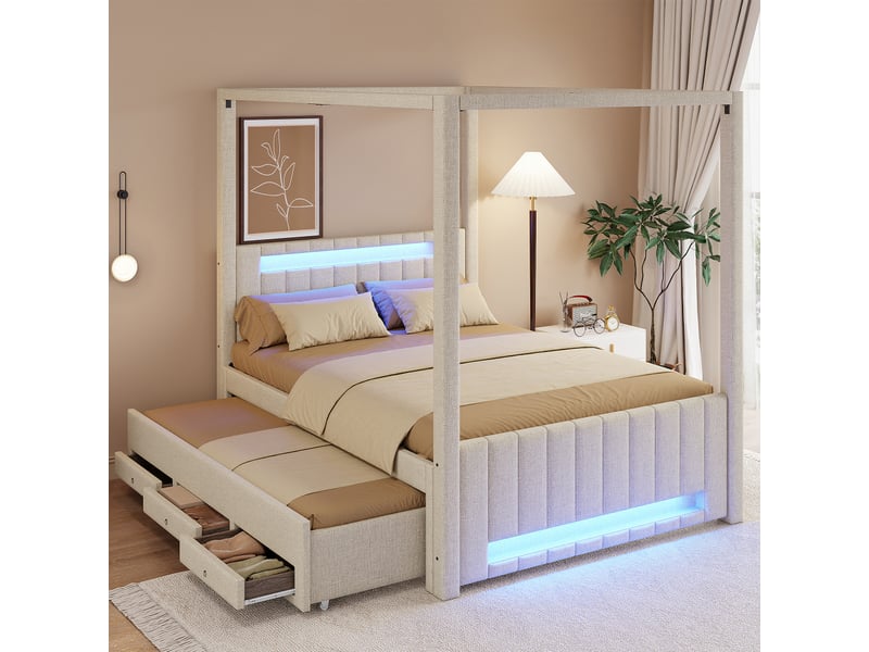  Lit à baldaquin capitonné 140 x 200 cm avec lit gigogne et trois tiroirs, éclairage led, beige  - Conforama B