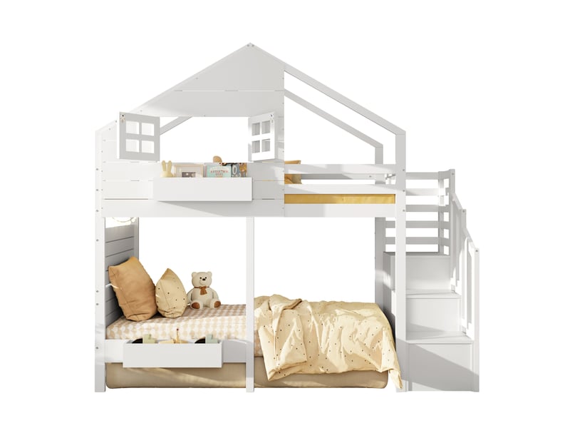  Lit superposé enfant 90 x 200 cm, escalier de rangement, garde-corps, fenêtre, bois massif, blanc evarich - Conforama A